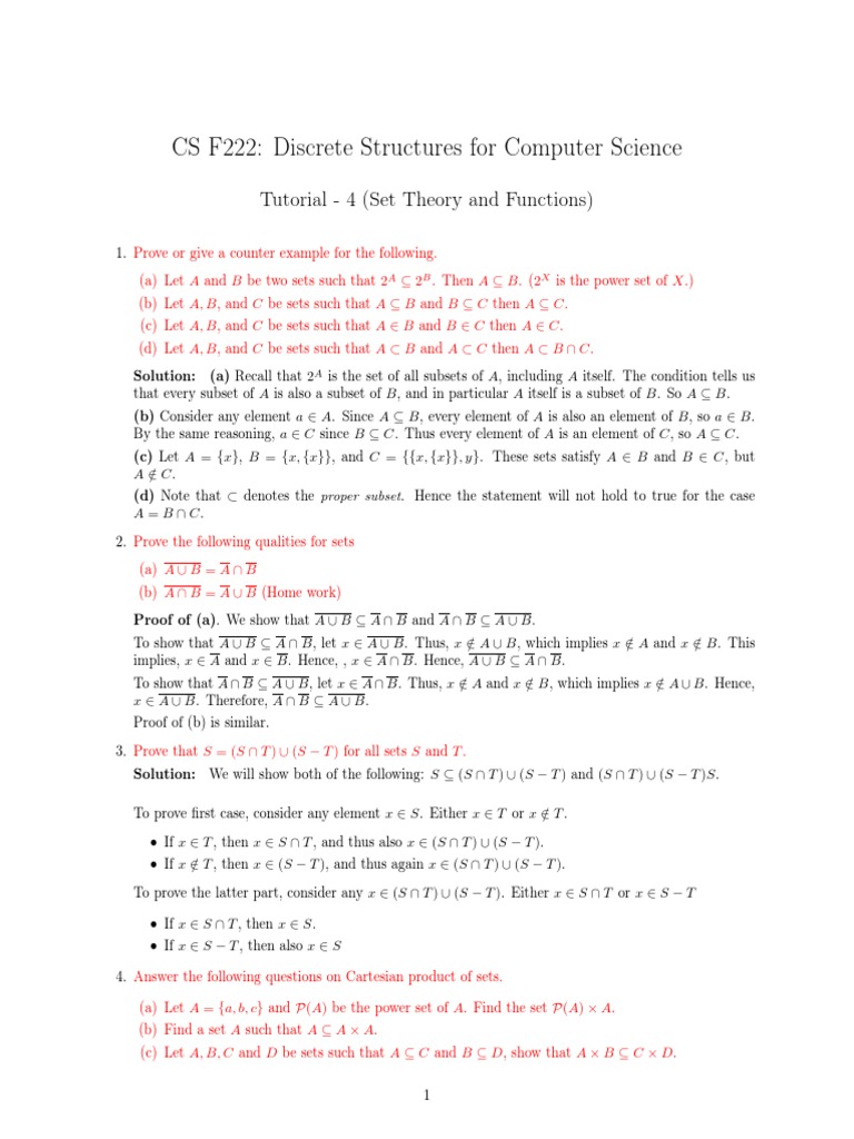 CS F222: Discrete Structures For Computer Science: Tutorial - 4 (Set ...