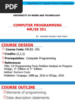 Computer Programming MR/ES 351: Department of Computer Science & Engineering