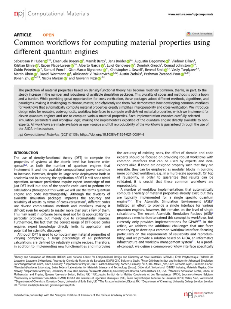 Common Work Ows For Computing Material Properties Using Different Quantum Engines PDF