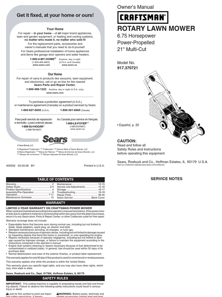 Craftsman Rotary Lawn Mower Owner Manual Model 917.370721 | Internal
