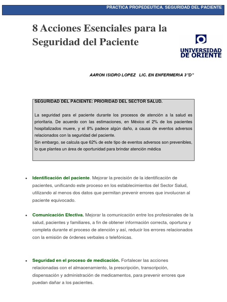 8 Acciones Esenciales para La Seguridad Del Paciente | PDF | Seguridad ...
