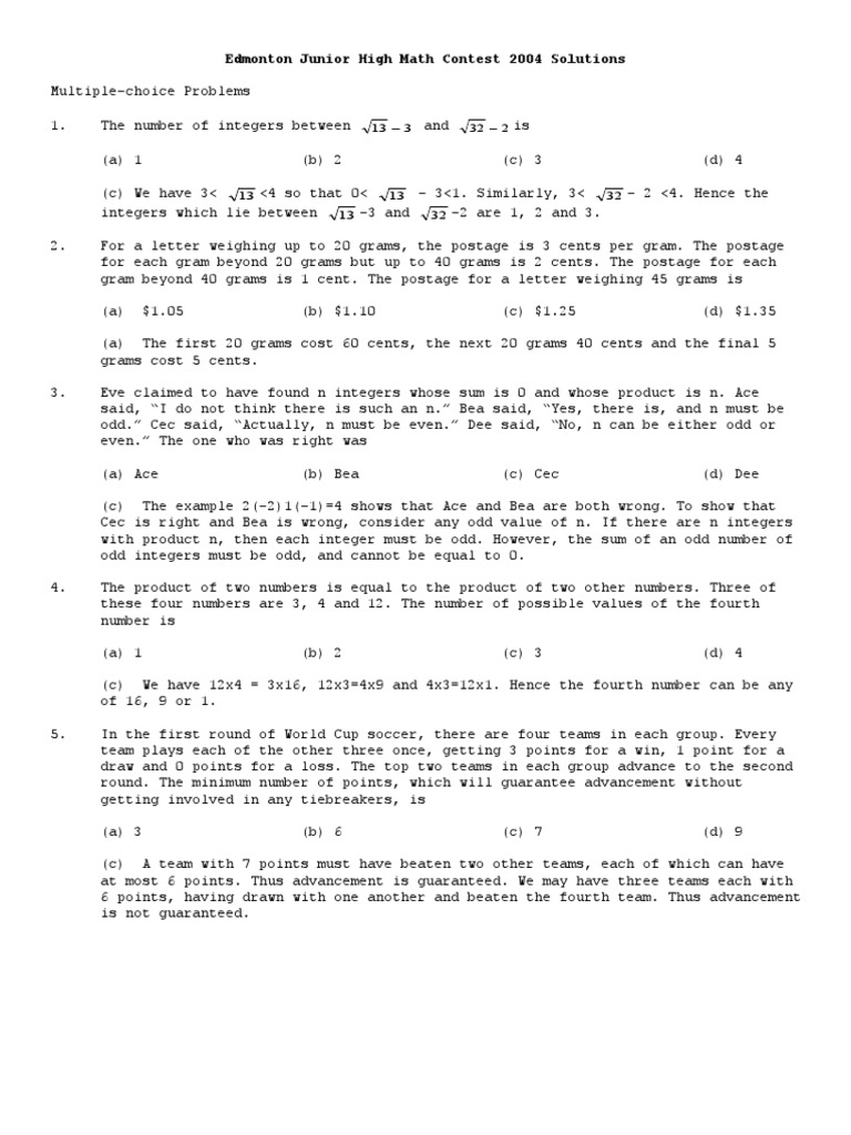 Edmonton Junior High Math Contest 2004 | PDF | Triangle | Numbers