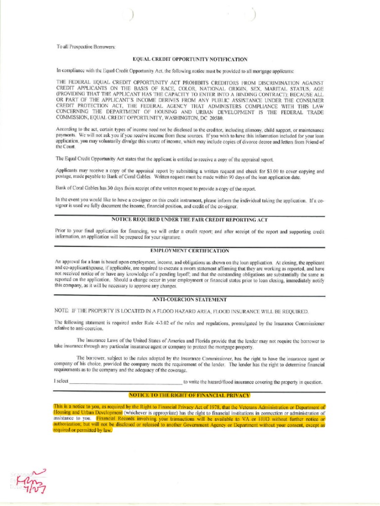 Notice To The Right of Financial Privacy Heloc Loan Application Docs