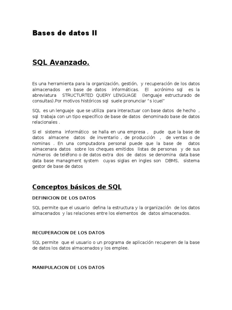 SQL Avanzado: Guía Completa PDF | PDF | SQL | Bases de datos
