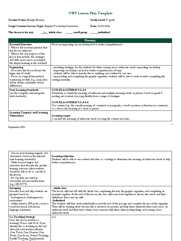8th Grade Vocabulary Lesson Plan | PDF | Educational Assessment ...