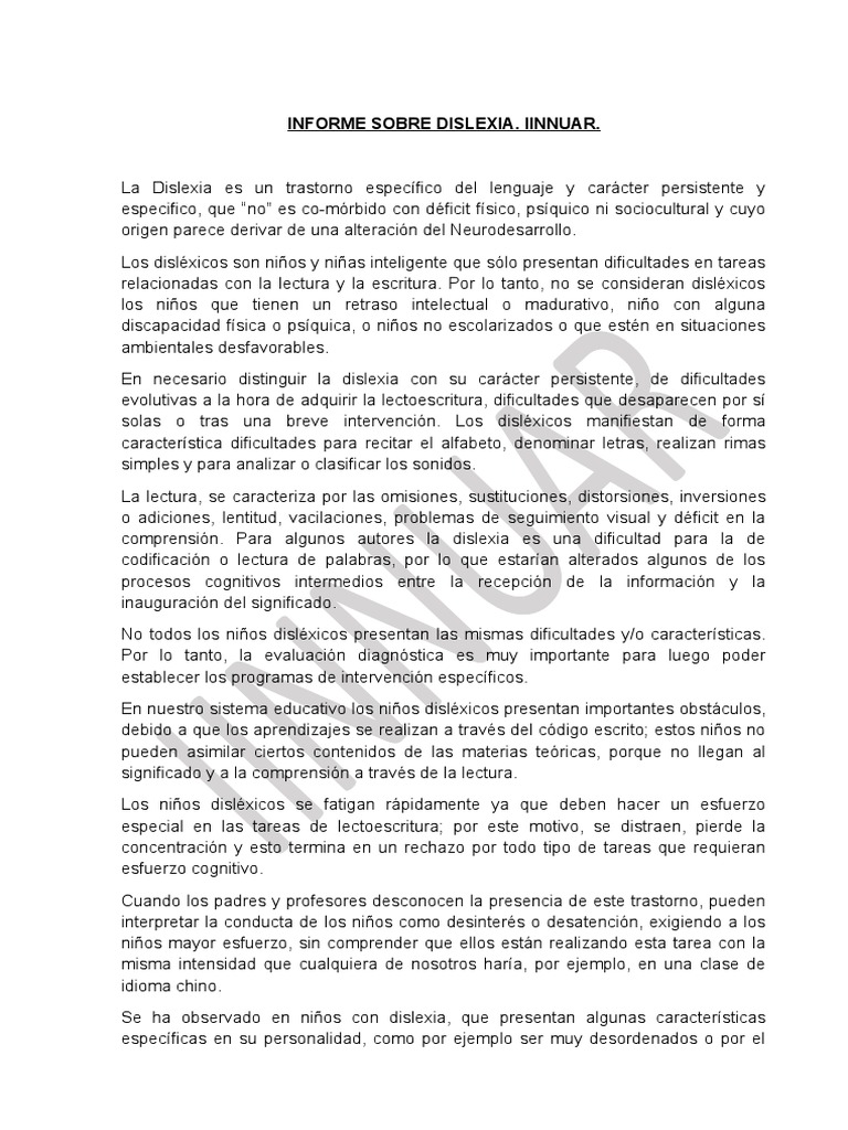 Informe sobre Dislexia en Niños | PDF | Dislexia | Aprendizaje