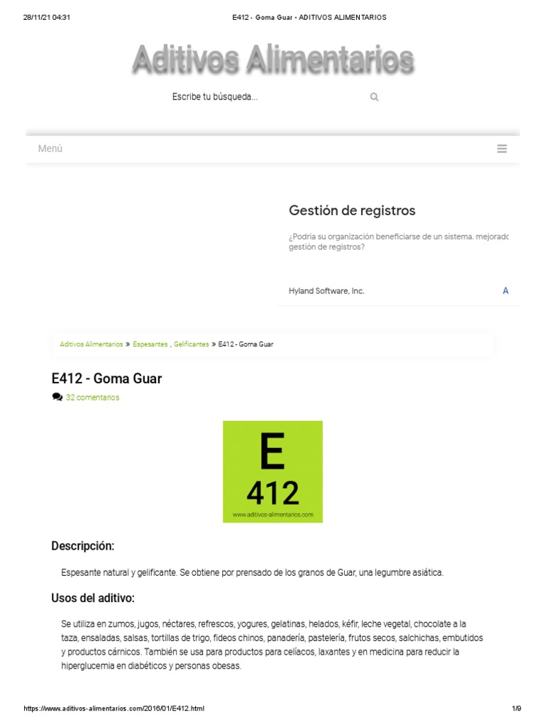 E412 - Goma Guar - ADITIVOS ALIMENTARIOS | PDF | Ácido glutamico ...