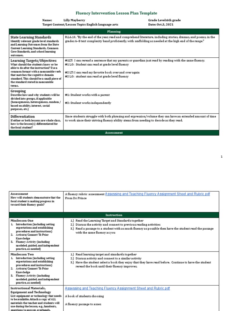 Fluency math lesson plan pdf