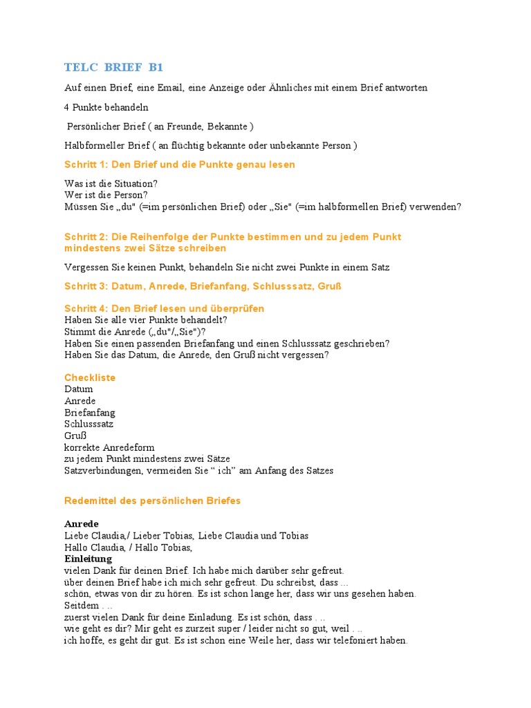 Telc B1 Brief Schreiben Beispiel