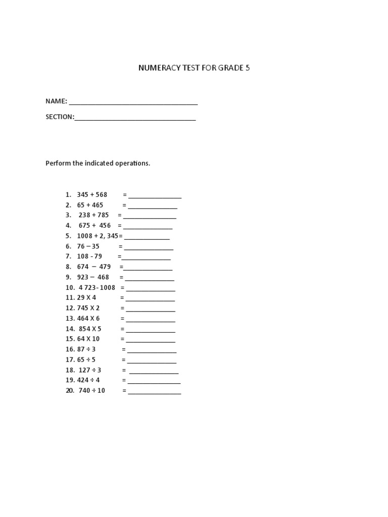 Grade 5 Numeracy Test Worksheet | PDF | Business | Computers