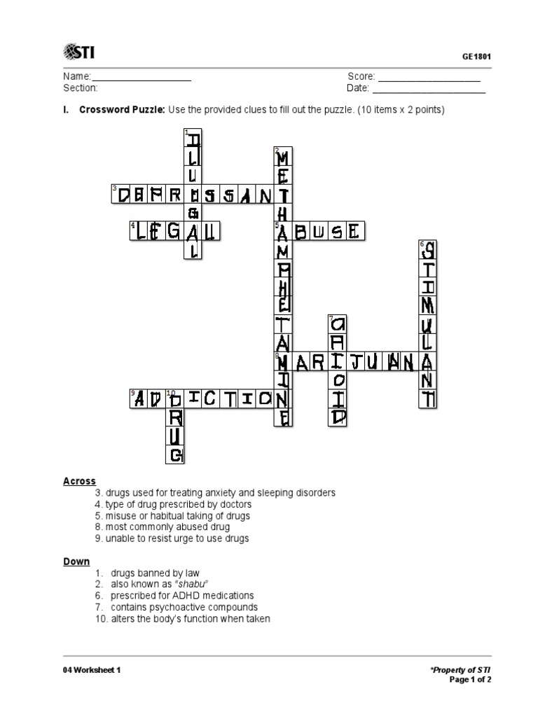 I. Crossword Puzzle Use The Provided Clues To Fill Out The Puzzle. (10