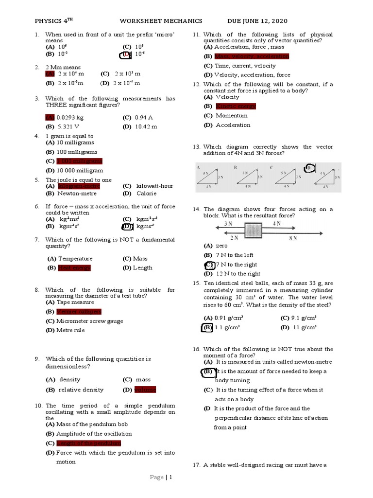 Mechanics Worksheet for Physics 4th Grade | PDF | Force | Mass