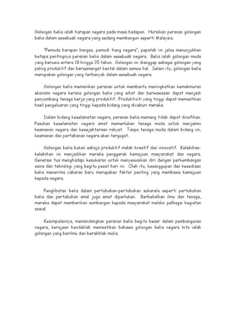 Golongan Belia Ialah Harapan Negara Pada Masa Hadapan Pdf