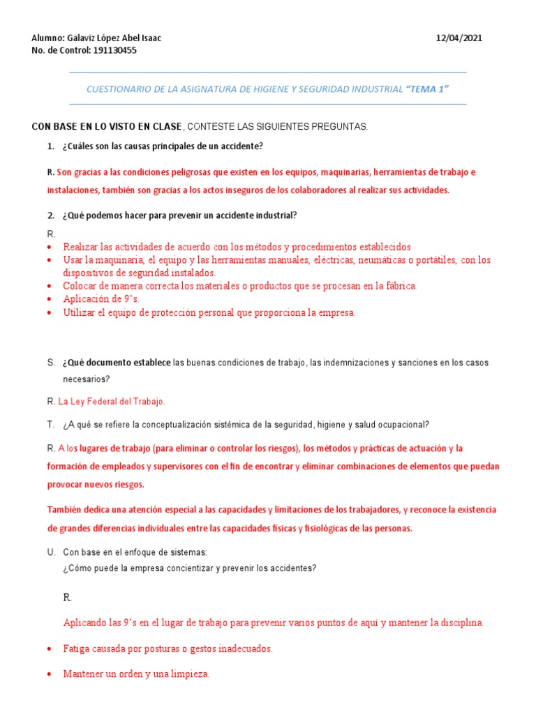 Cuestionario de La Asignatura de Higiene y Seguridad Industrial | PDF ...