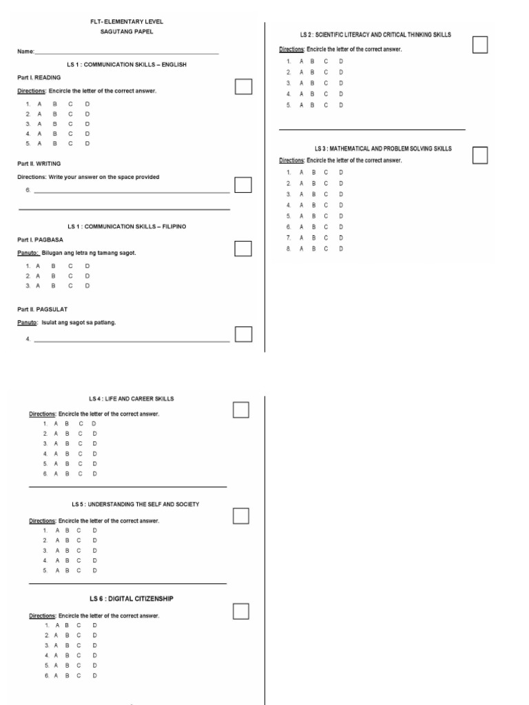 FLT Answer Sheet Elem PDF