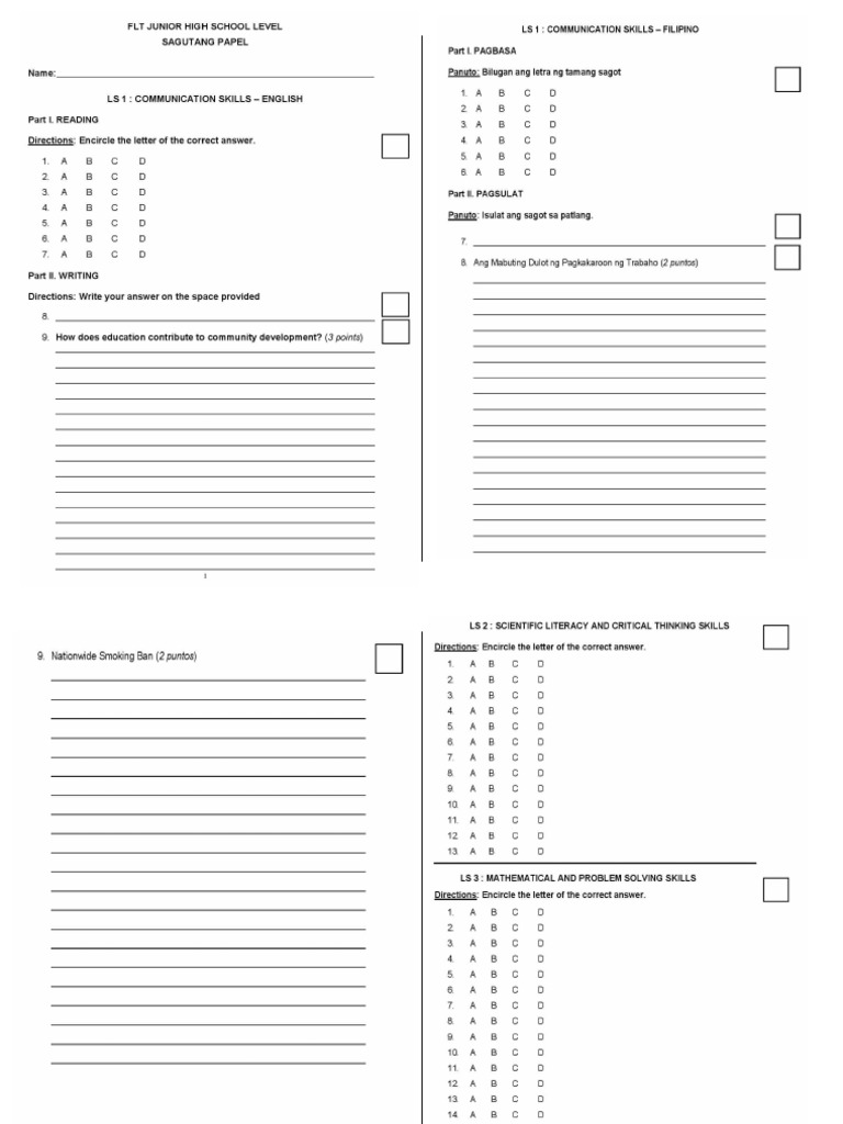 FLT Answer Sheet JHS PDF