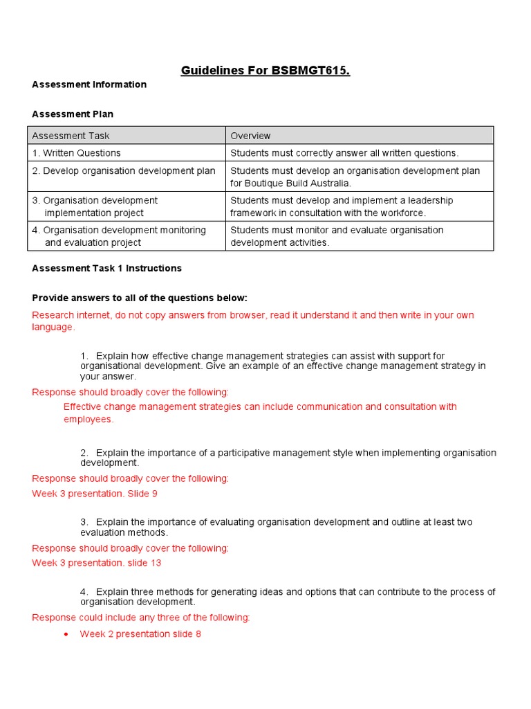 Guidelines For BSBMGT615.: Assessment Information Assessment Plan | PDF ...