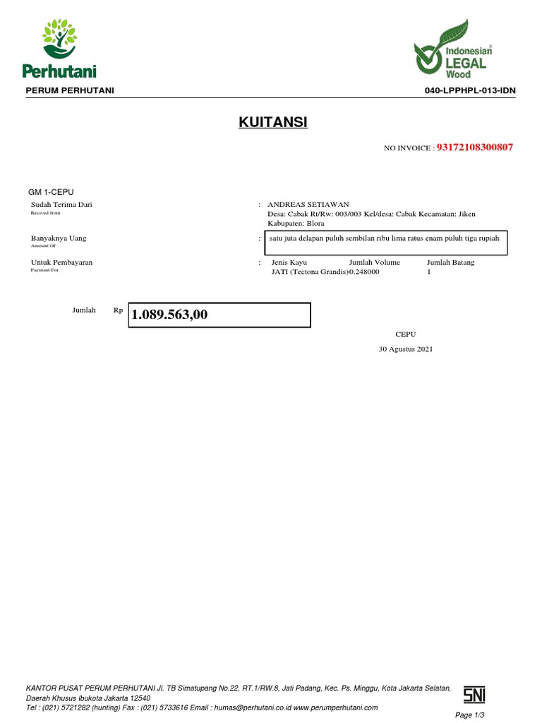 Nota Penjualan Kayu Jati Perhutani | PDF