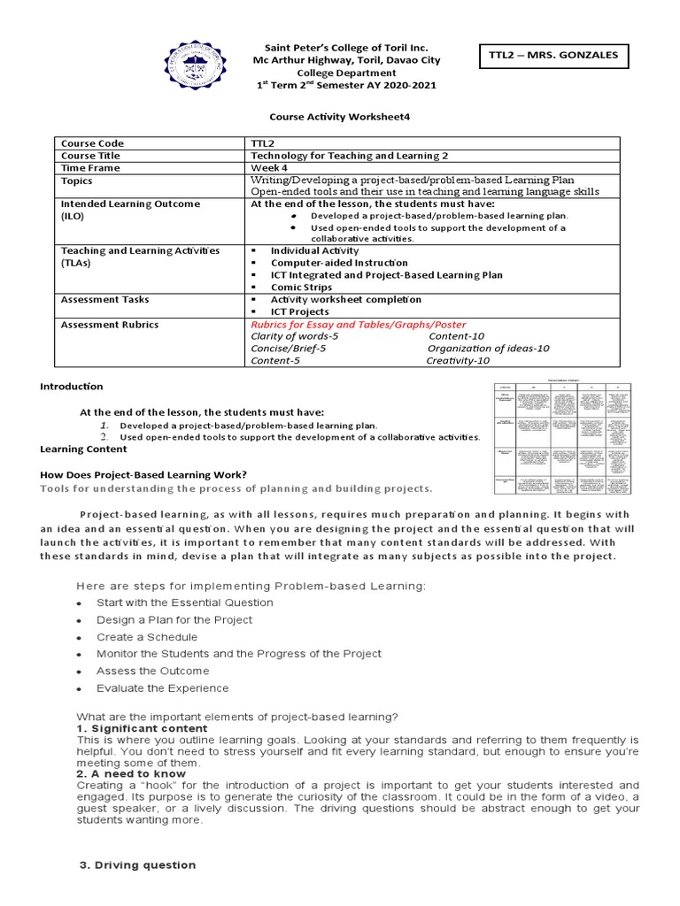 Project-Based Learning Plan Guide | PDF | Project Based Learning ...