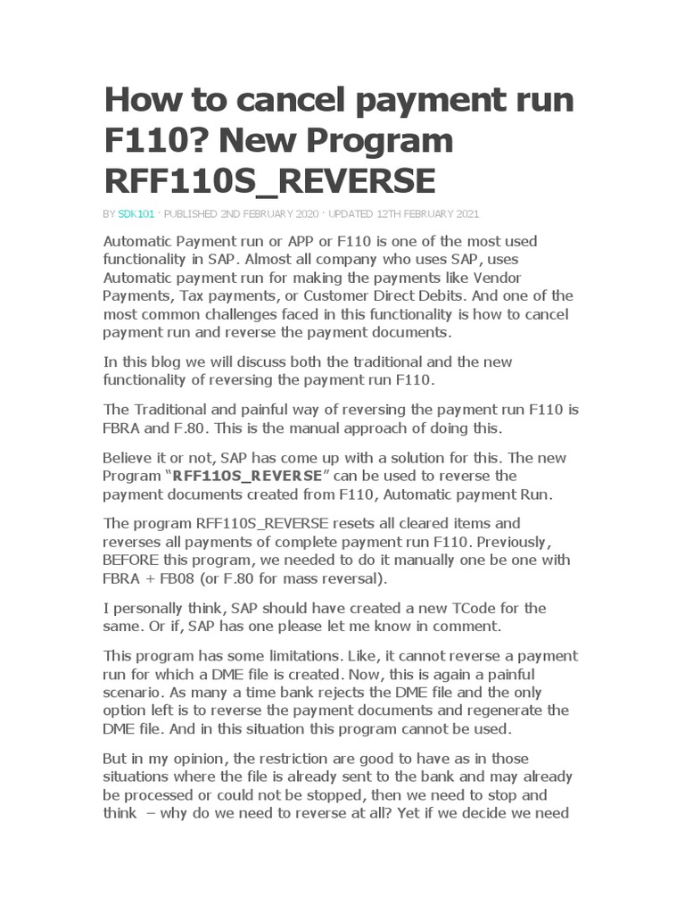 Reversing F110 Payment Runs in SAP | PDF | Computing