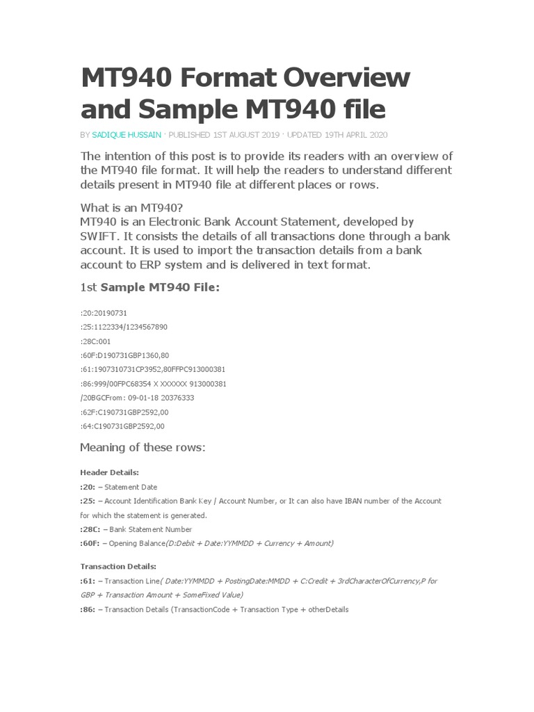 MT940 Format Overview and Sample MT940