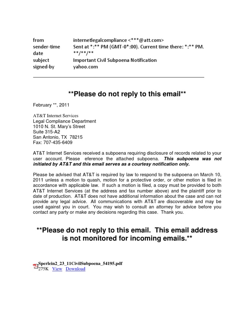 Email From ATT Regarding Subpoena Cyberspace Legal Communication