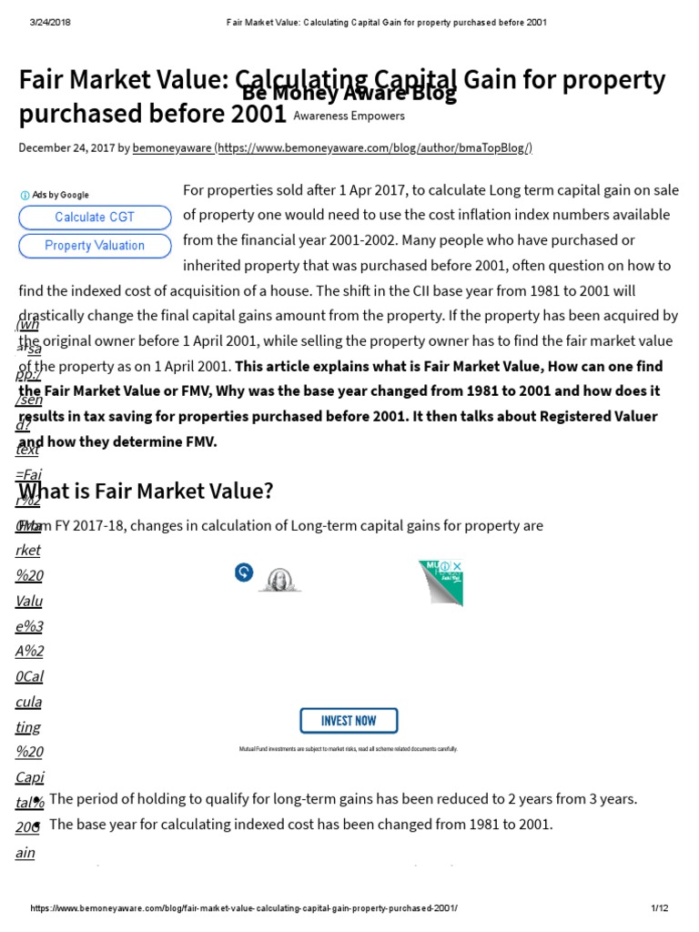 Fair Market Value Calculating Capital Gain For Property Purchased
