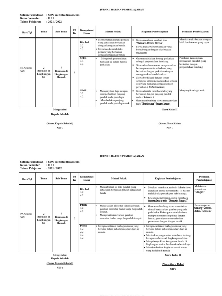Jurnal Harian Kelas 2 SD Semester 1 | PDF