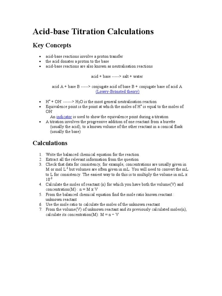 Acid-Base Titration Calculation Guide | PDF | Acid | Titration