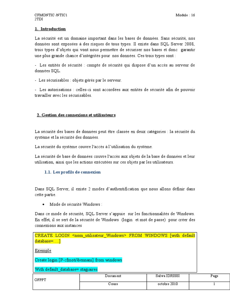 Sécurité des bases de données SQL Server | PDF | Microsoft SQL Server ...