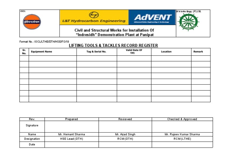 Lifting Tools & Tackle Register | PDF