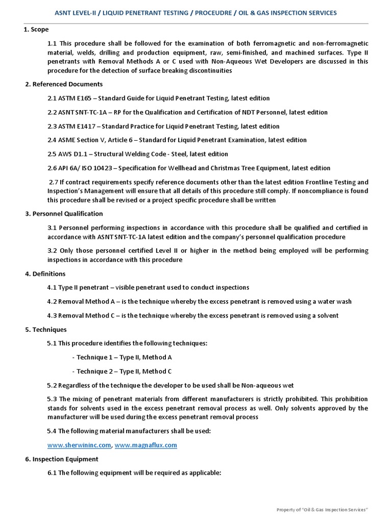 ASNT Level-II Liquid Penetrant Testing Procedure | PDF | Chemistry ...
