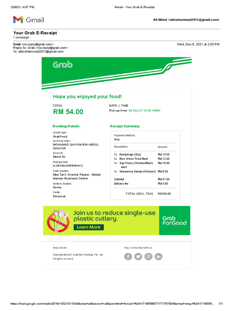 Hope You Enjoyed Your Food! Your Grab EReceipt PDF Cooking Cuisine