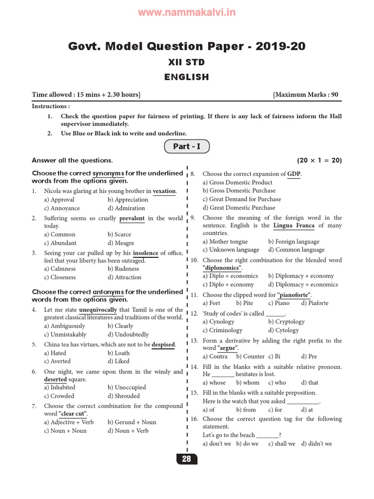 Namma Kalvi 12th English Model Question Paper Answer Key 217240Min