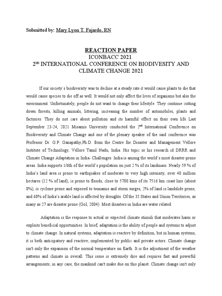ICONBACC Reaction Paper | PDF | Climate Change | Human Impact On The ...