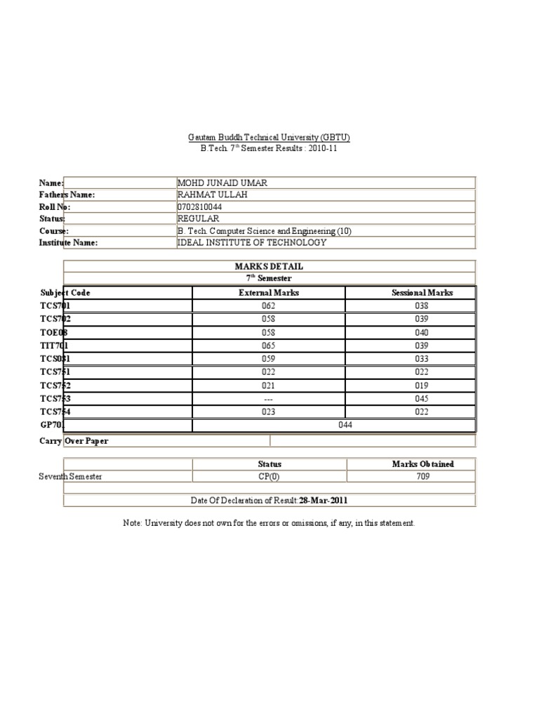 GBTU B.Tech 7th Semester Results 2011 | PDF