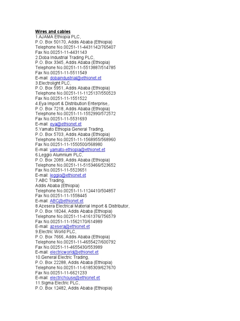 Wires and Cables: Dobaindustrial@ethionet - Et | PDF | Ethiopia ...