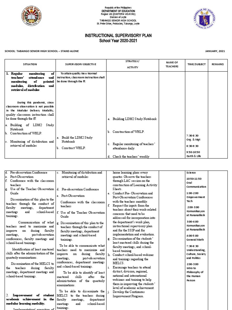 Supervisory Plan for Modular Learning | PDF | Teachers | Schools