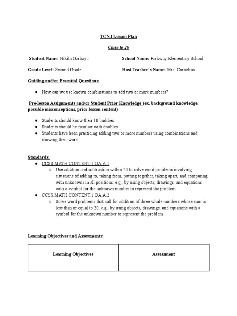 Second Grade Math Lesson Plan: Close to 20 | PDF | Lesson Plan ...