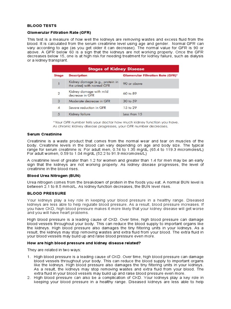 Blood Tests Glomerular Filtration Rate (GFR) PDF Creatinine Chronic Kidney Disease