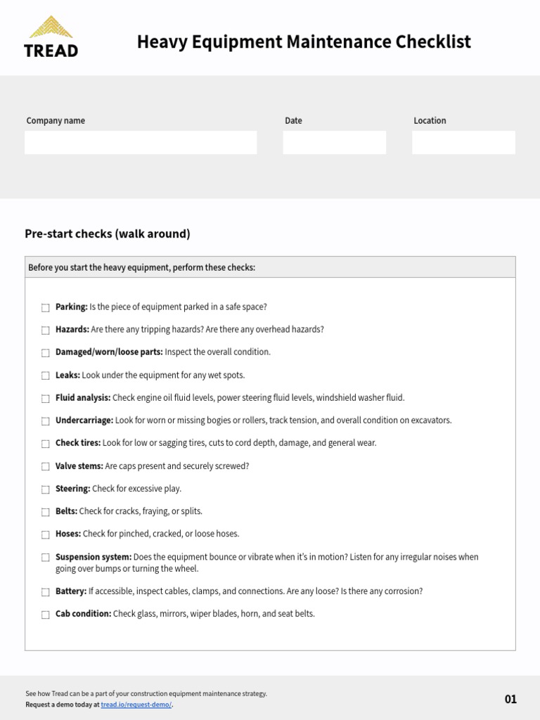 Heavy Equipment Maintenance Checklist PreStart Checks (Walk Around