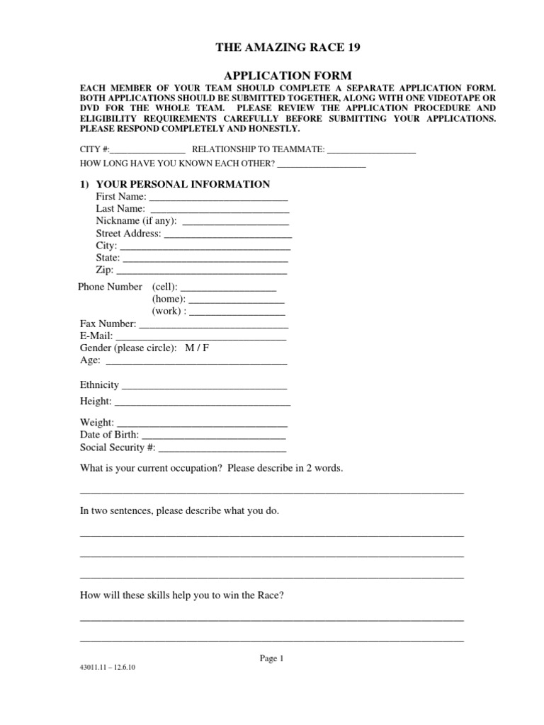 The Amazing Race 19 Application Form: 1) Your Personal Information ...