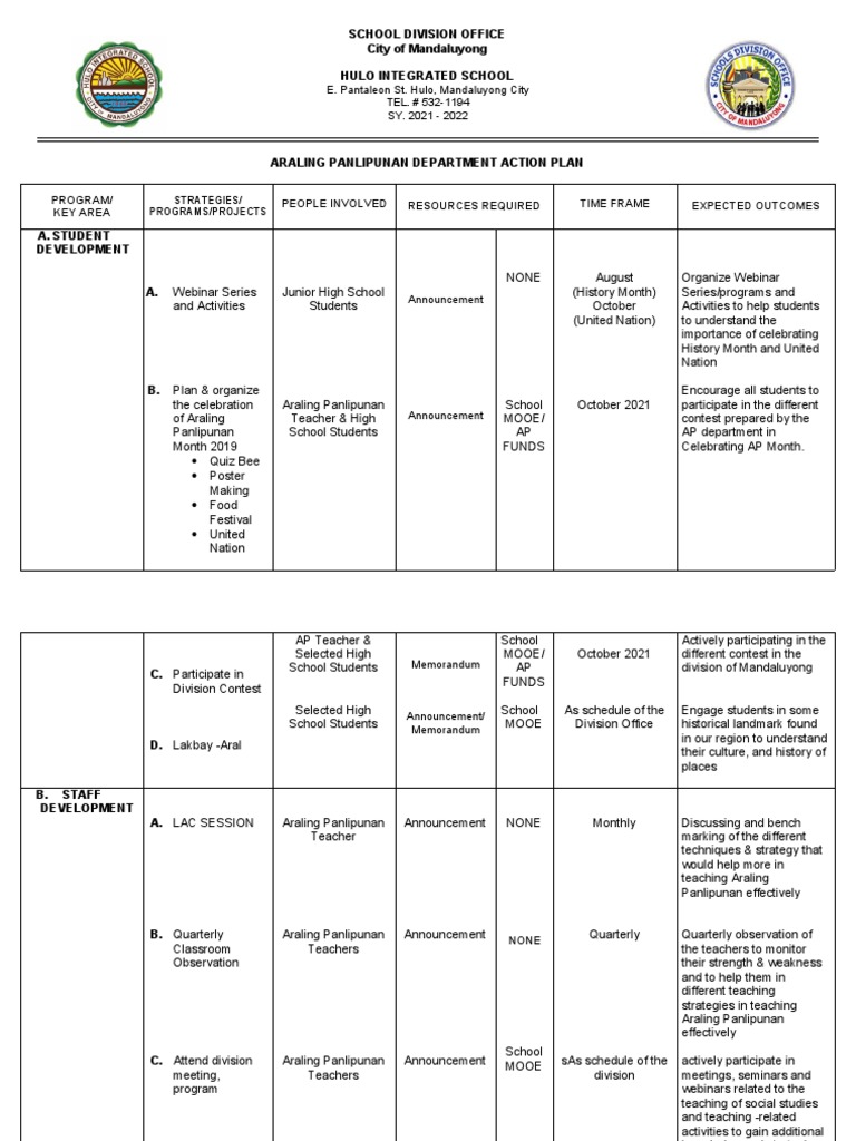 Araling Panlipunan Action Plan | PDF | Teachers | Curriculum