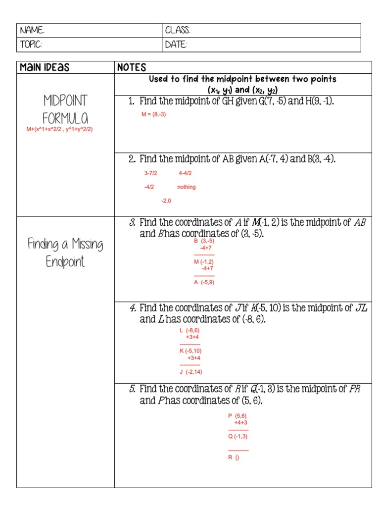 1.3 NOTES Midpoint & Partitioning Line Segment NUMBER LINE ONLY Notes