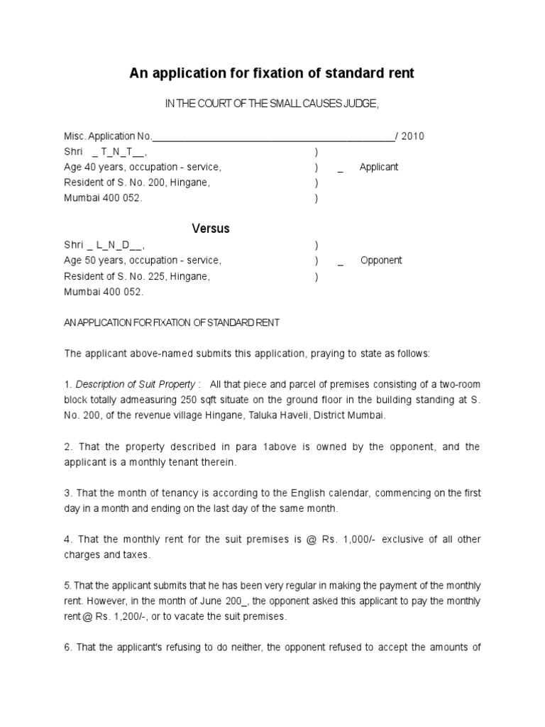 An Application For Fixation of Standard Rent PDF Leasehold Estate