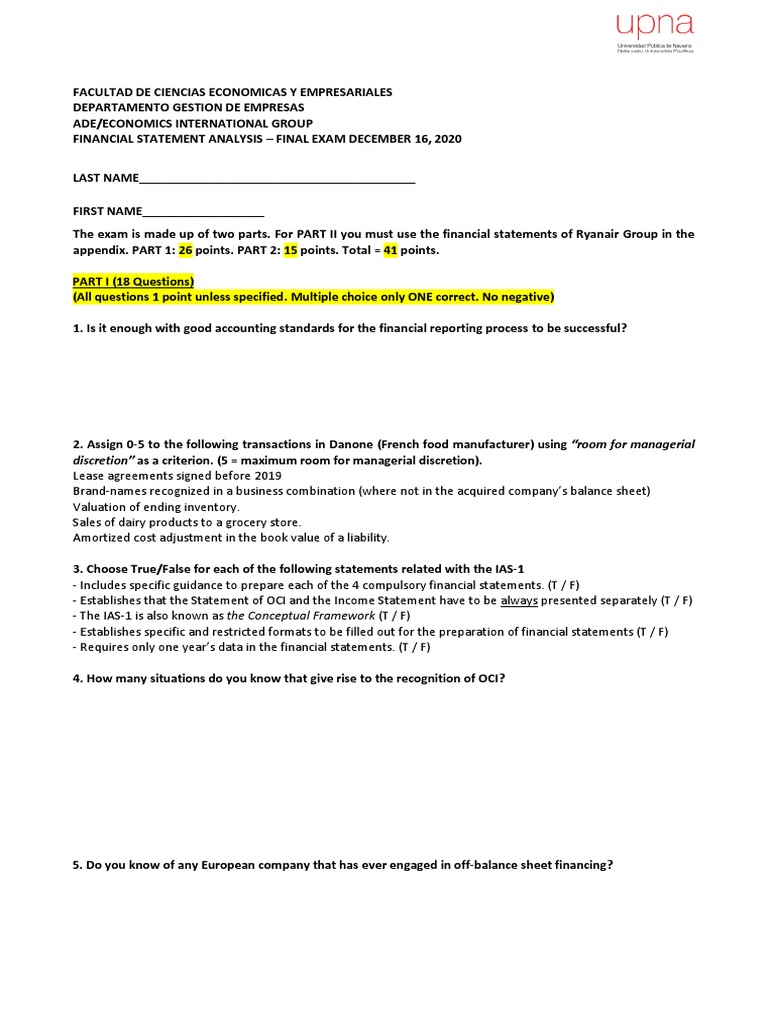 Financial Analysis Test PDF Expense Cash Flow Statement