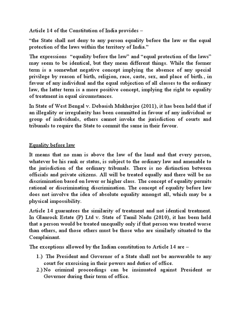 Article 14 of Constitution of India | PDF | European Convention On ...