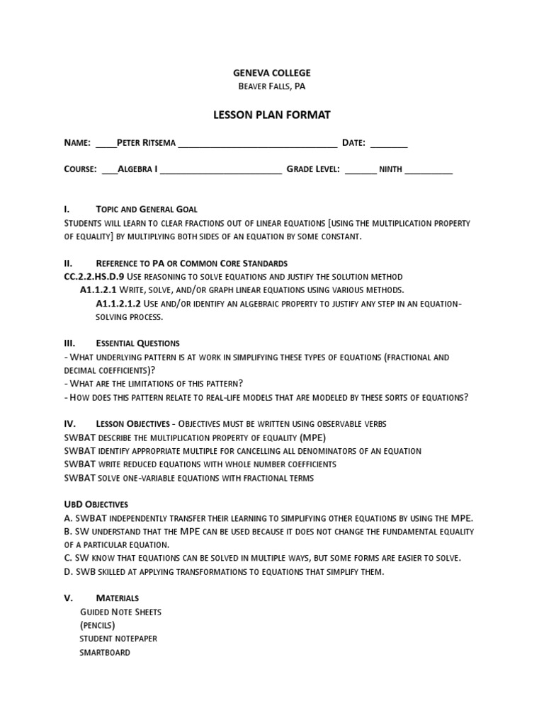 Algebra I Lesson Plan: Clearing Fractions | PDF | Equations | Numbers