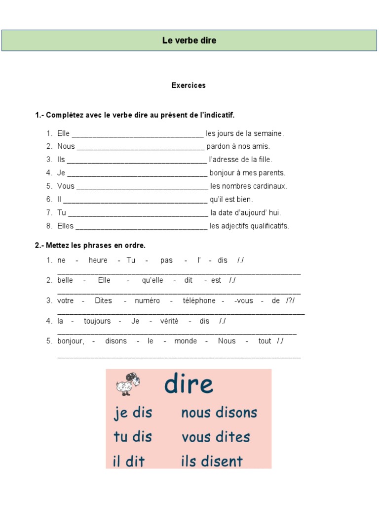 Le Verbe Dire Au Présent De L indicatif Le Verbe Dire - Exercices | PDF