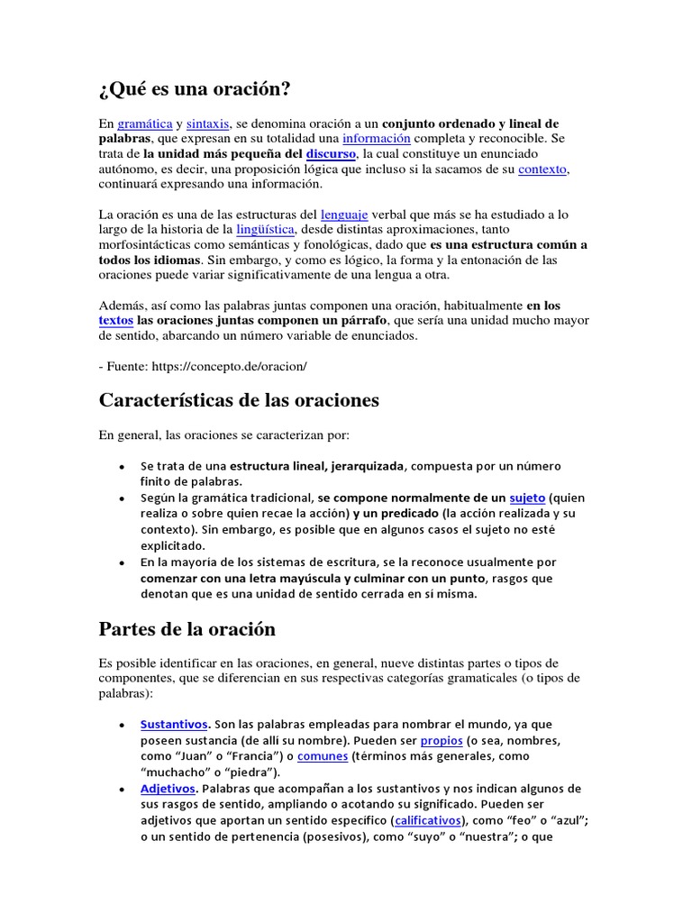 Estructura y partes de la oración en español | PDF | Oración ...